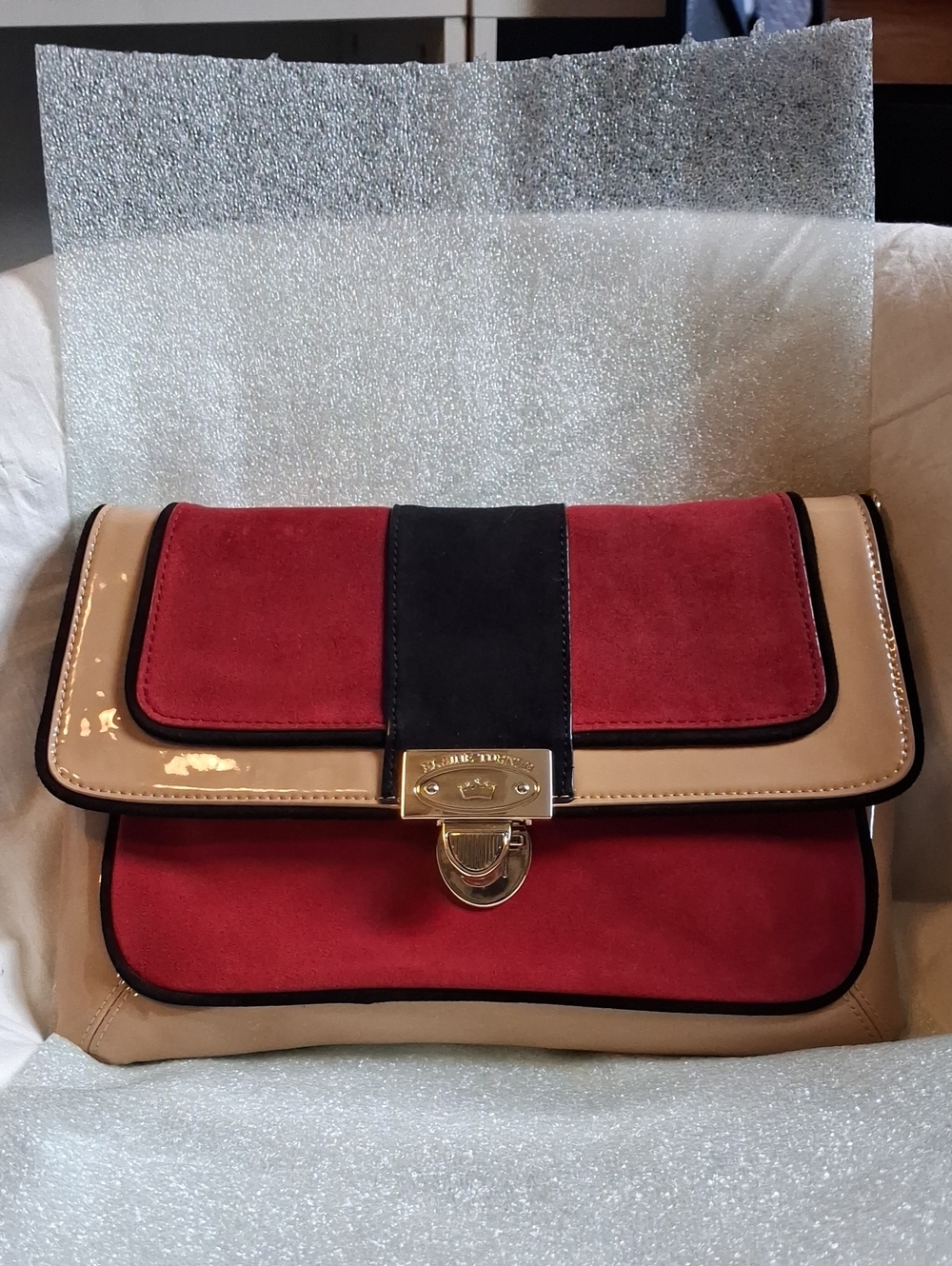 Elaine Turner Red Suede and Beige Patent Crossbody, Black Accent- Hard To Find